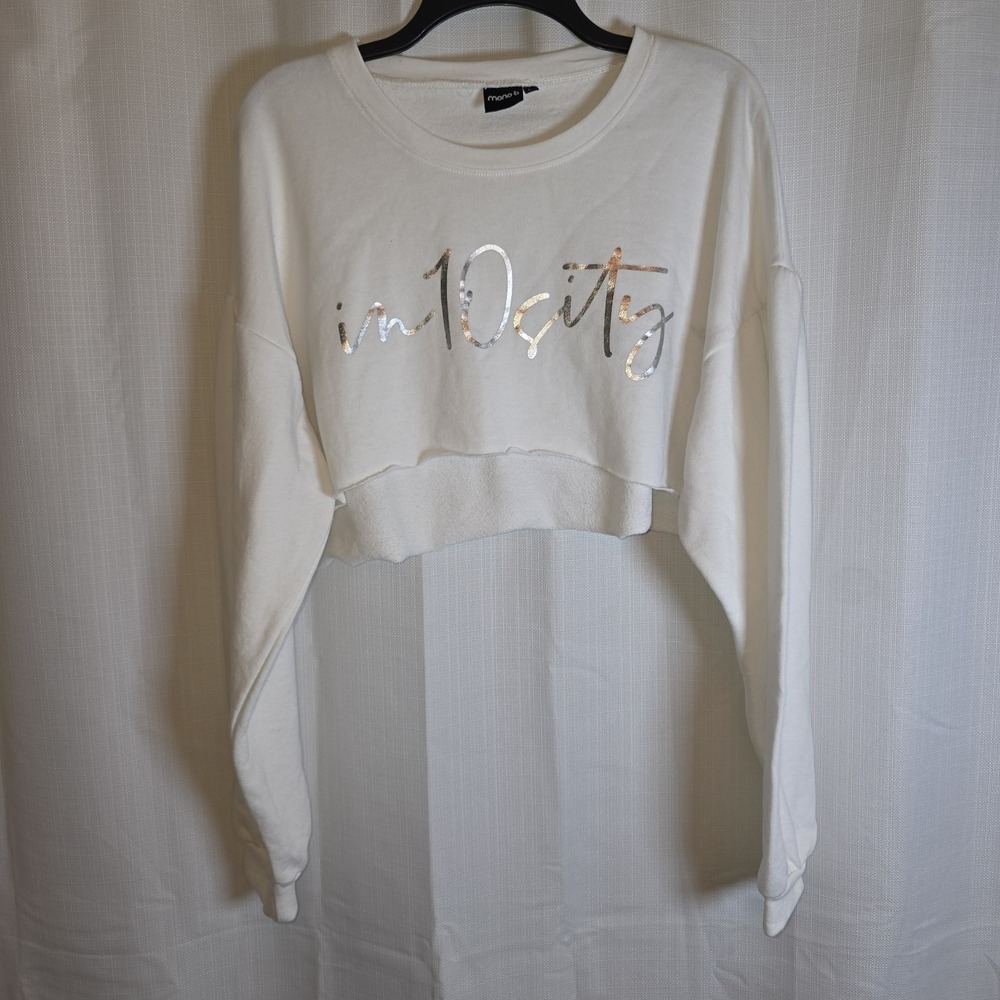 Mono B White Cropped Sweatshirt "in 10 city" Graphic Long Sleeve Raw Hem Size L